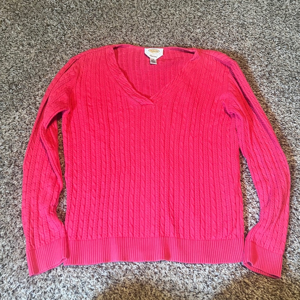 Talbots Pink Cable Knit V Neck Sweater Women's Size Small Pima Cotton